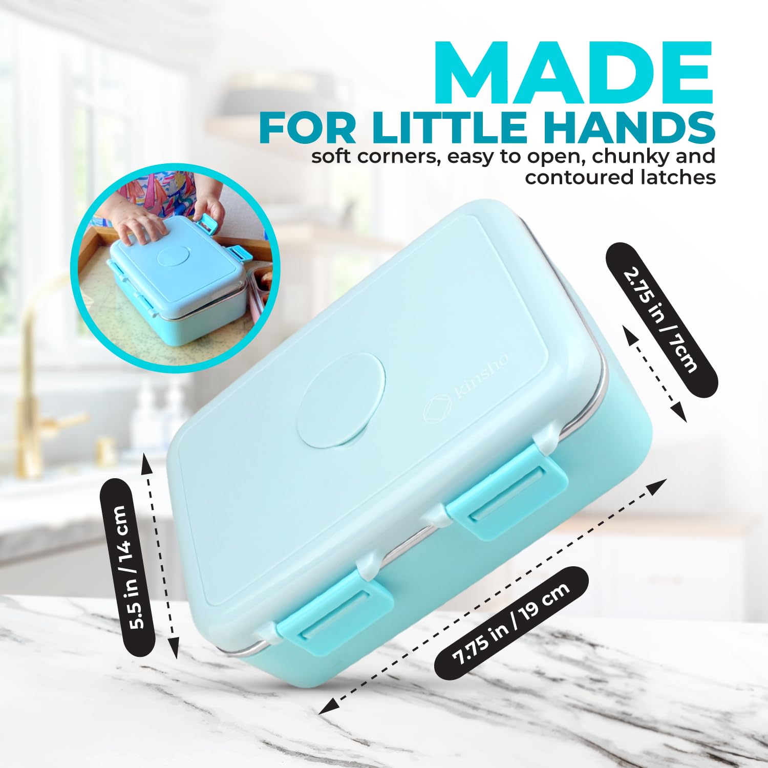 kinsho size comparison next to backpack showing compact dimensions that fit preschool cubbies