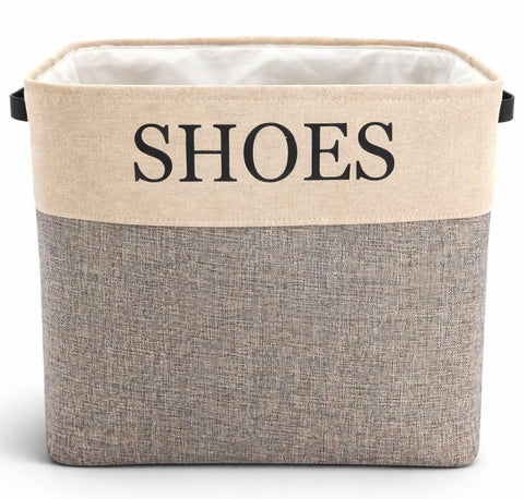 KINTNER DESIGNS front view of shoe bin showing two-tone canvas and neat storage benefit