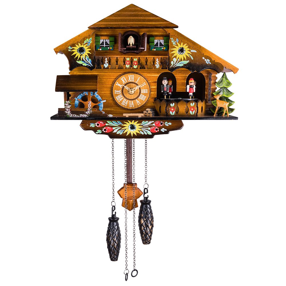 Kintrot front view of cuckoo clock showing Black Forest house and decorative charm