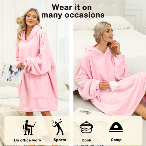 Kipswiza folded wearable blanket hoodie beside a book illustrating compact storage and travel-ready size