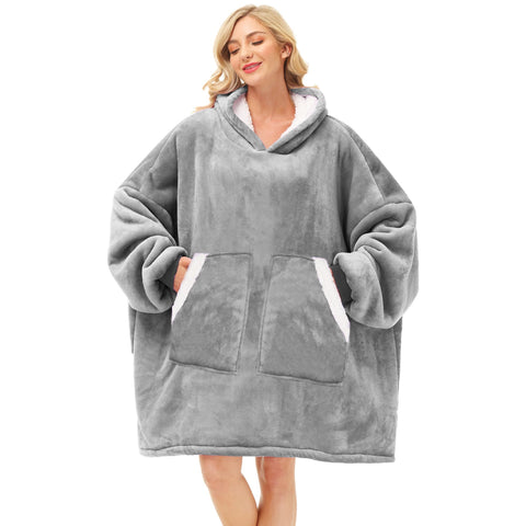 Kipswiza light grey front view showing roomy hood and length for warmth
