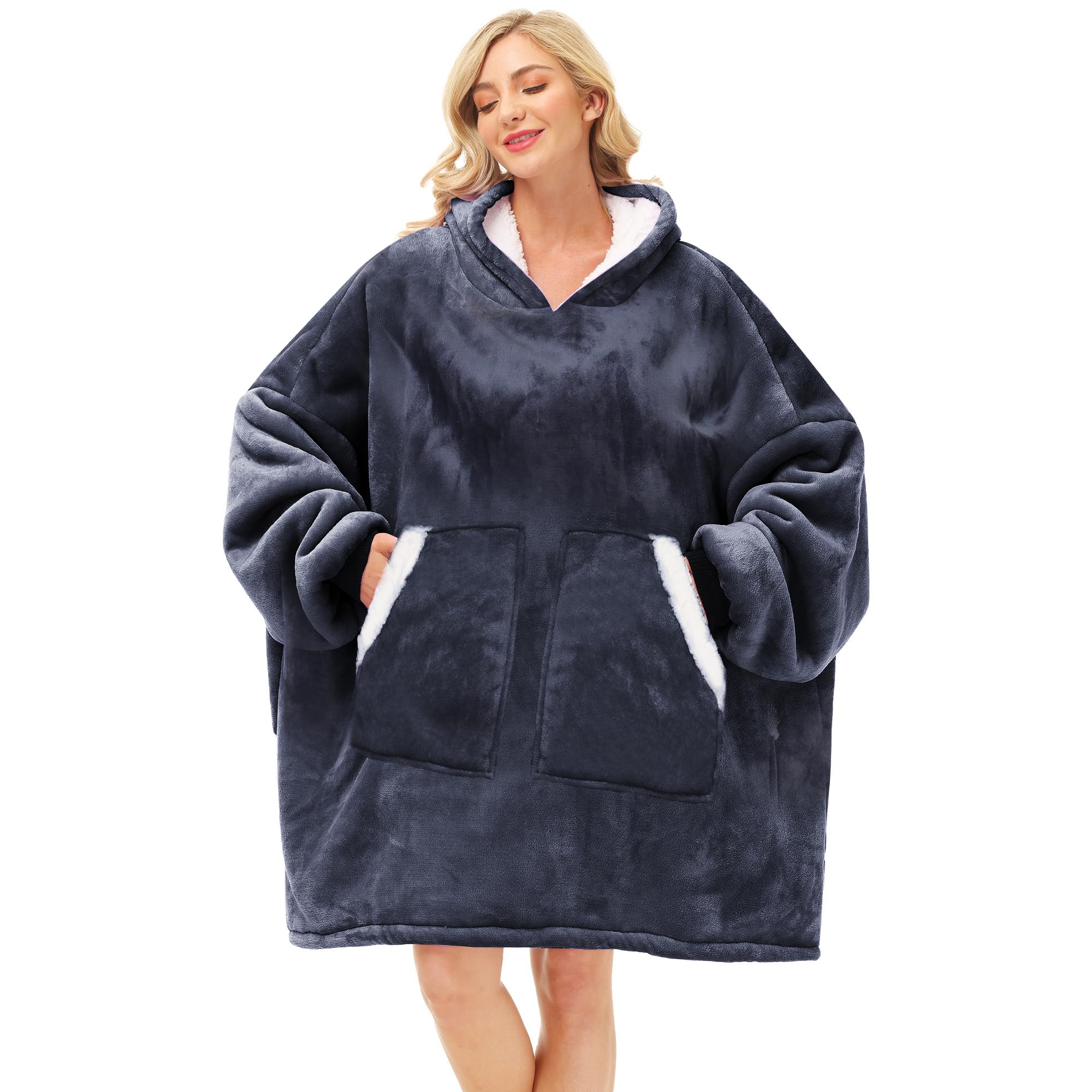 Kipswiza front view of dark gray wearable blanket hoodie showing roomy fit and warmth