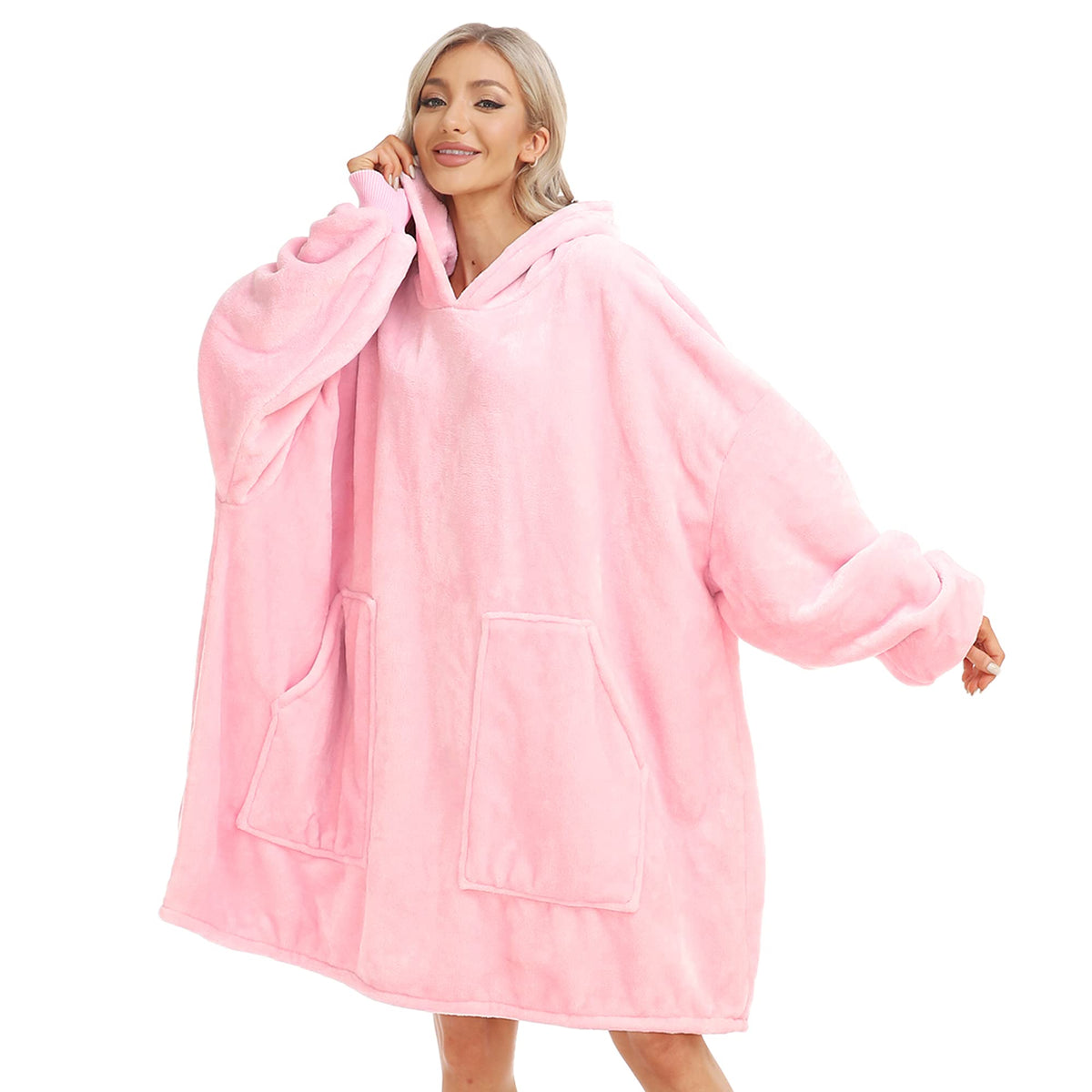 Kipswiza front view of pink wearable blanket hoodie showing oversized fit and hood for full-body warmth