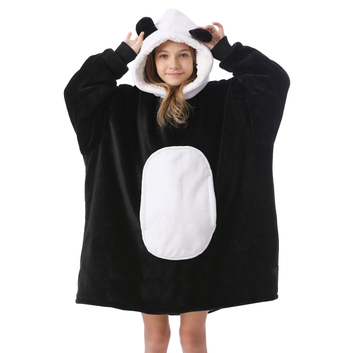 Kipswiza panda front view showing cozy oversized fit and panda pattern for warmth