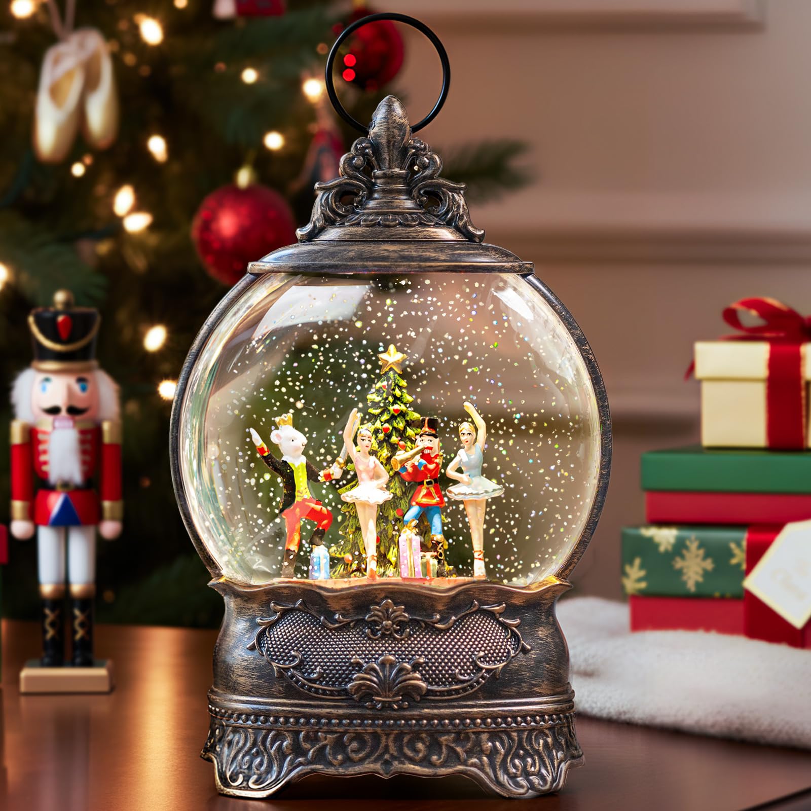 Kirschblüte front view globe lantern showing festive Nutcracker scene and glow