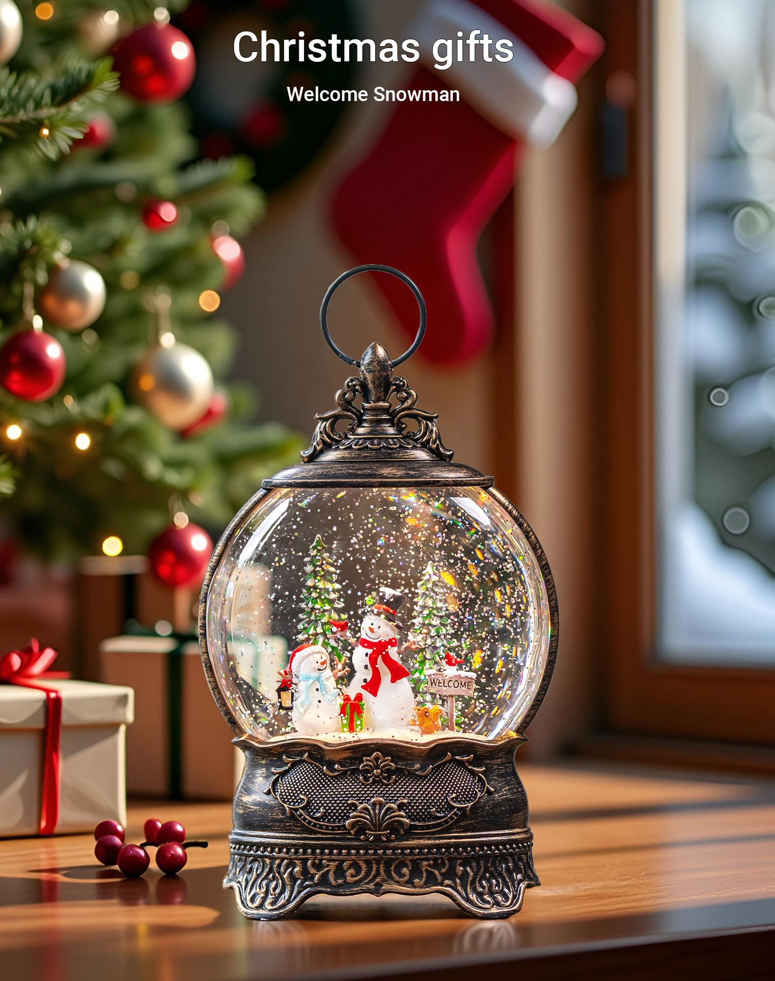 Kirschblüte close-up of lantern and snowmen figures, detailed festive charm