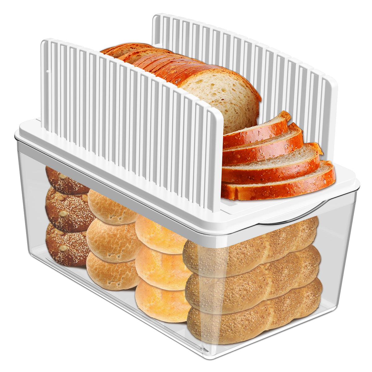 kiss core front view of assembled slicer and bread box showing compact design and storage benefit