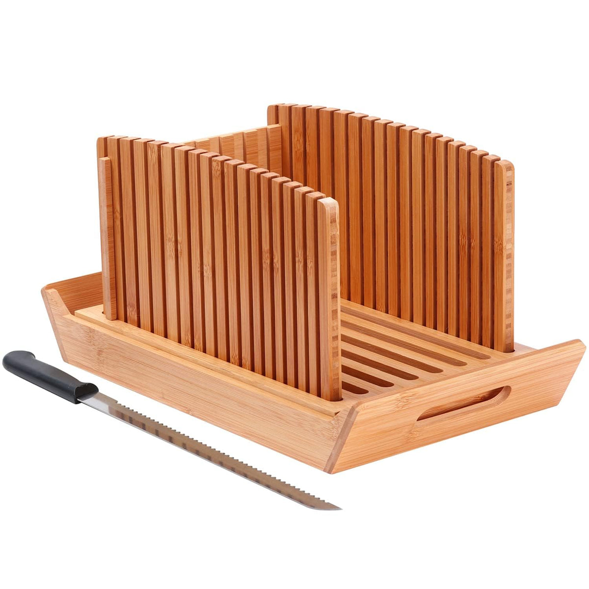 Kiss Core front view of bamboo bread slicer showing compact packaging and benefits