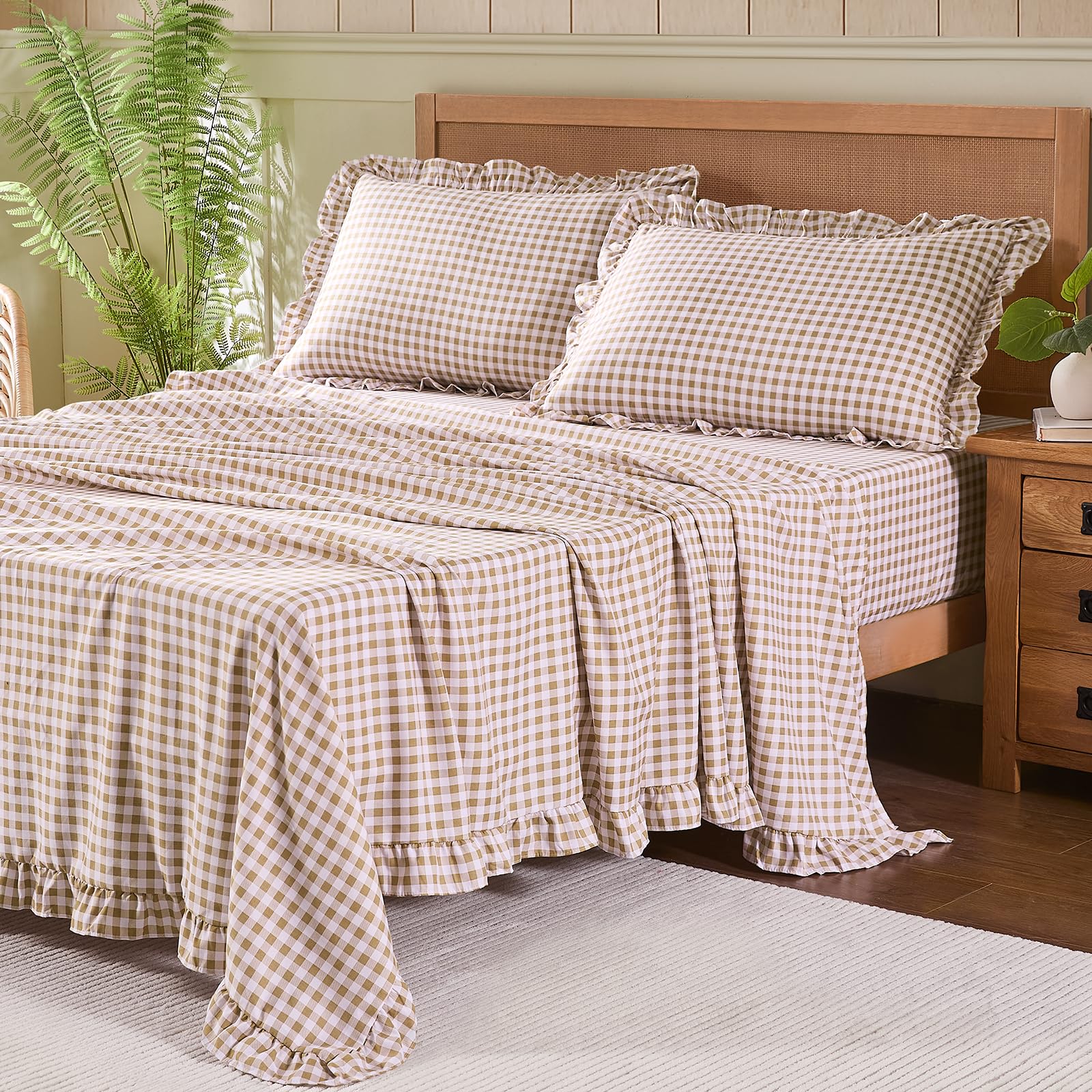 kisswish front view of taupe gingham queen sheets showing cozy farmhouse style