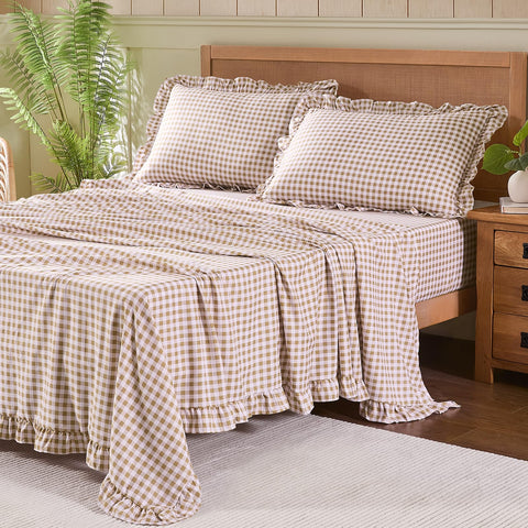kisswish front view of taupe gingham queen sheets showing cozy farmhouse style