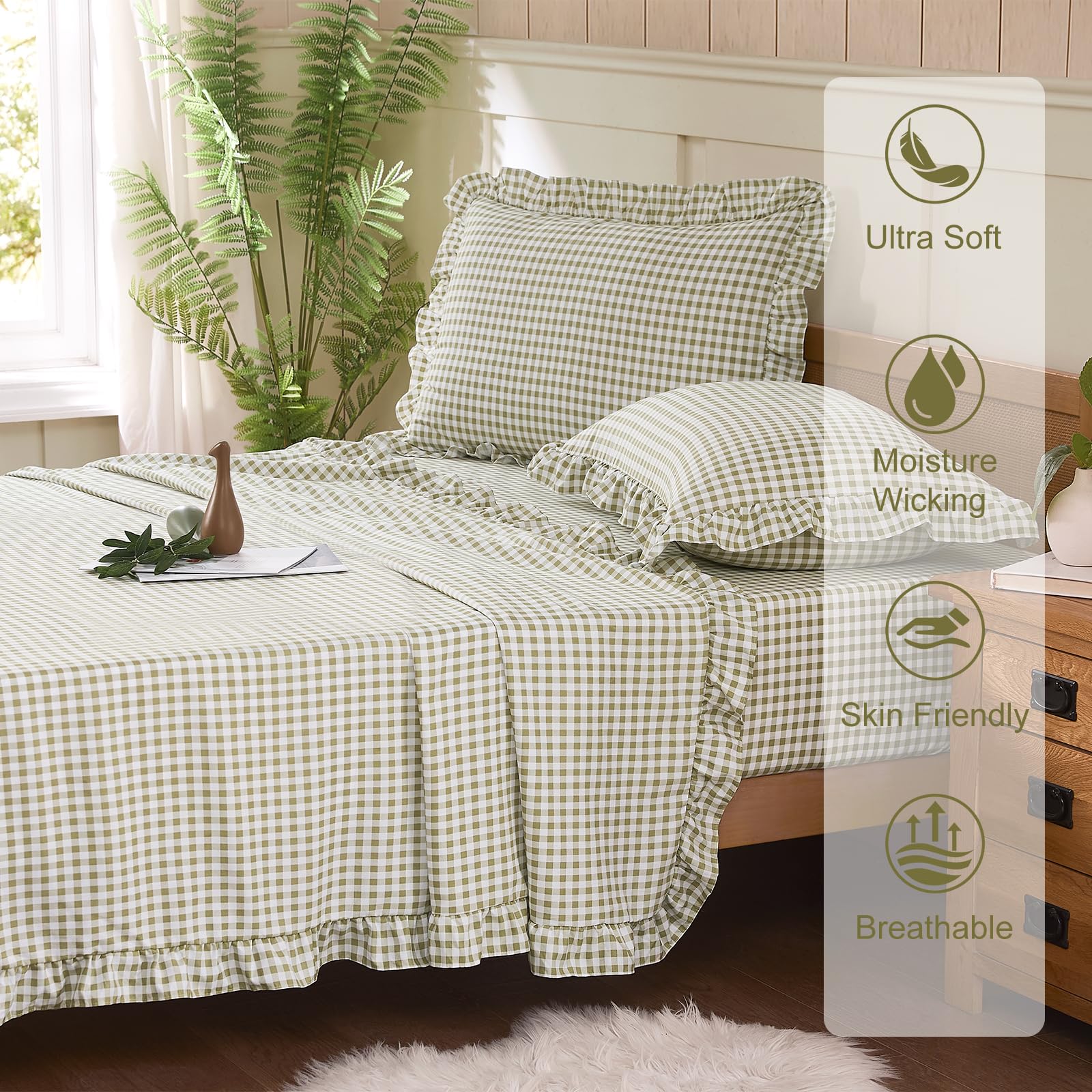 kisswish styled full bed with sage gingham creating cozy farmhouse vibe