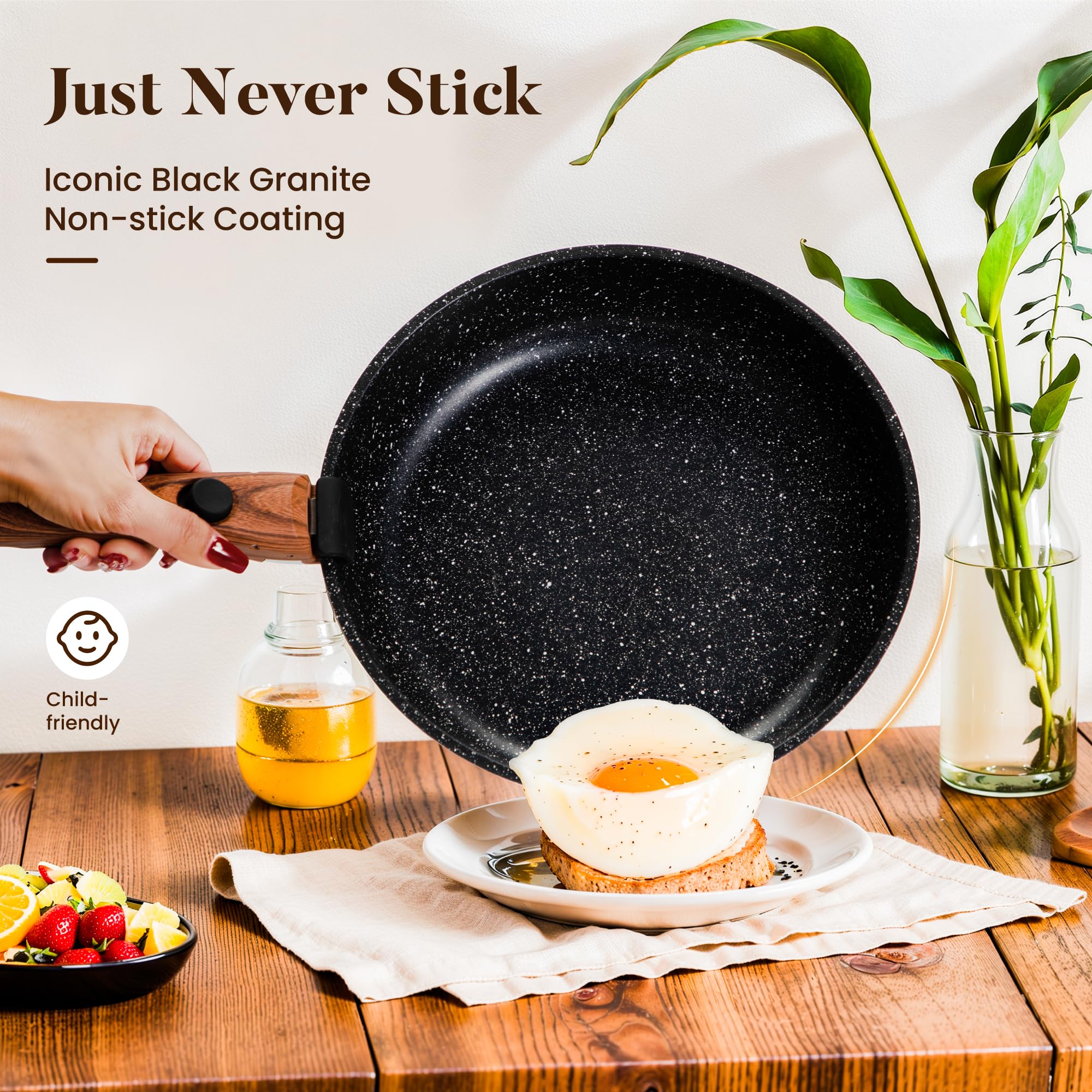 Kitchen Academy 8" frypan stacked with saucepan demonstrating space-saving advantage