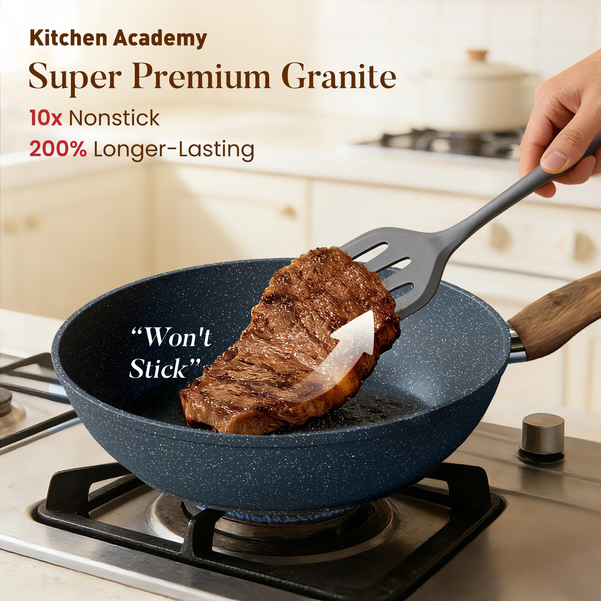 Kitchen Academy 11-inch frying pan top view highlighting smooth granite nonstick surface for easy flipping