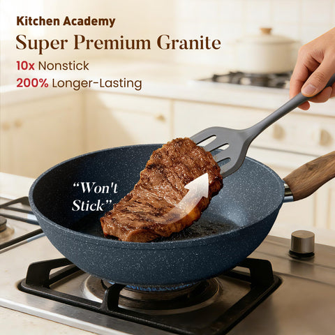 Kitchen Academy 11-inch frying pan top view highlighting smooth granite nonstick surface for easy flipping