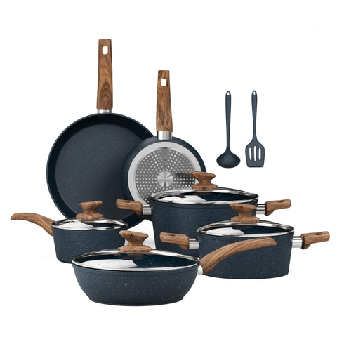 Kitchen Academy blue set front view showing full 12-piece collection and compact organization