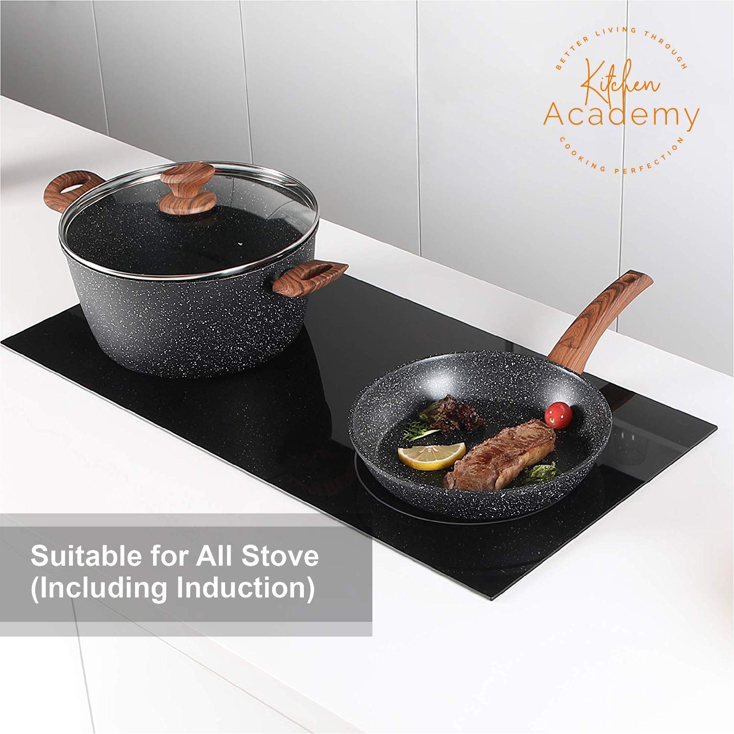 Kitchen Academy deep fry pan with lid close detail showing lid fit and easy pour benefit
