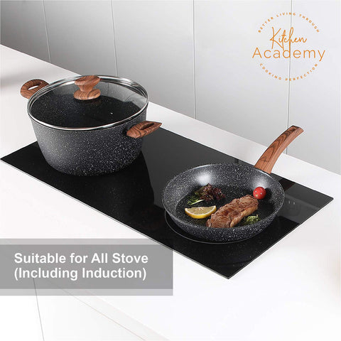 Kitchen Academy deep fry pan with lid close detail showing lid fit and easy pour benefit