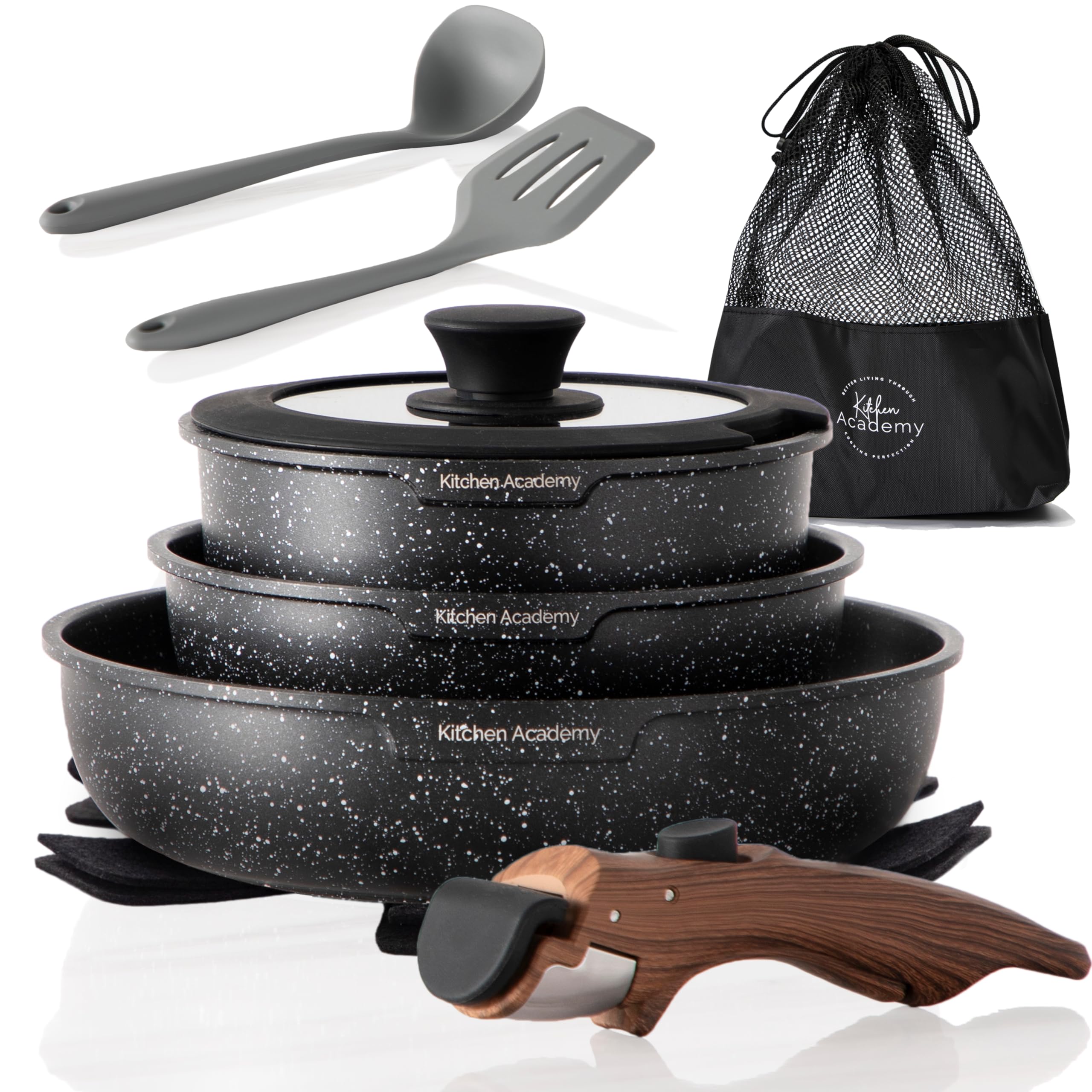 Kitchen Academy front packaging of black granite 10-piece set shows compact benefits