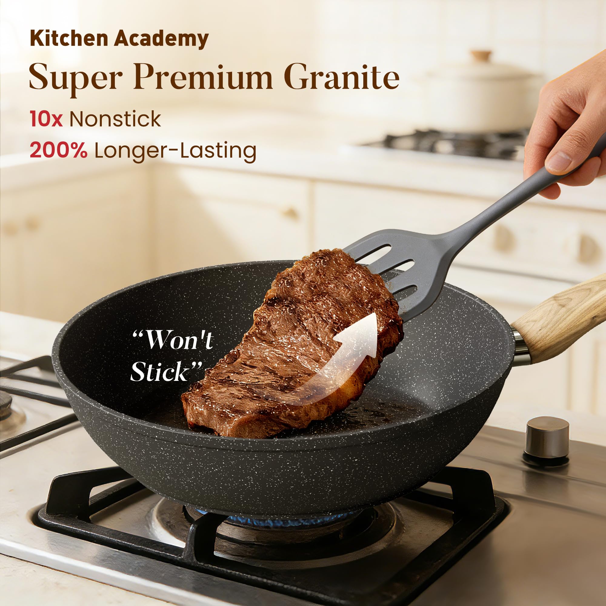 Kitchen Academy granite-style nonstick surface close-up highlighting easy-release benefit