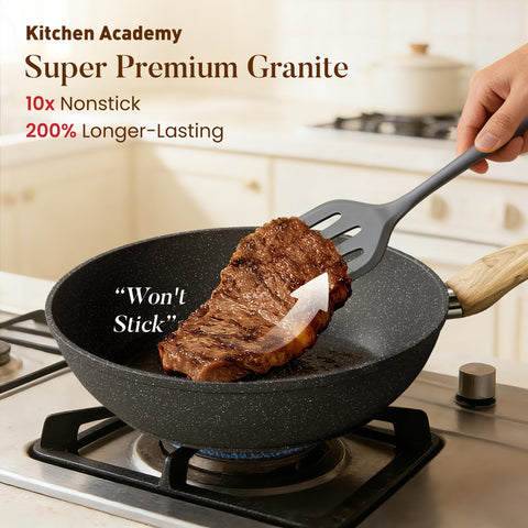 Kitchen Academy granite-style nonstick surface close-up highlighting easy-release benefit