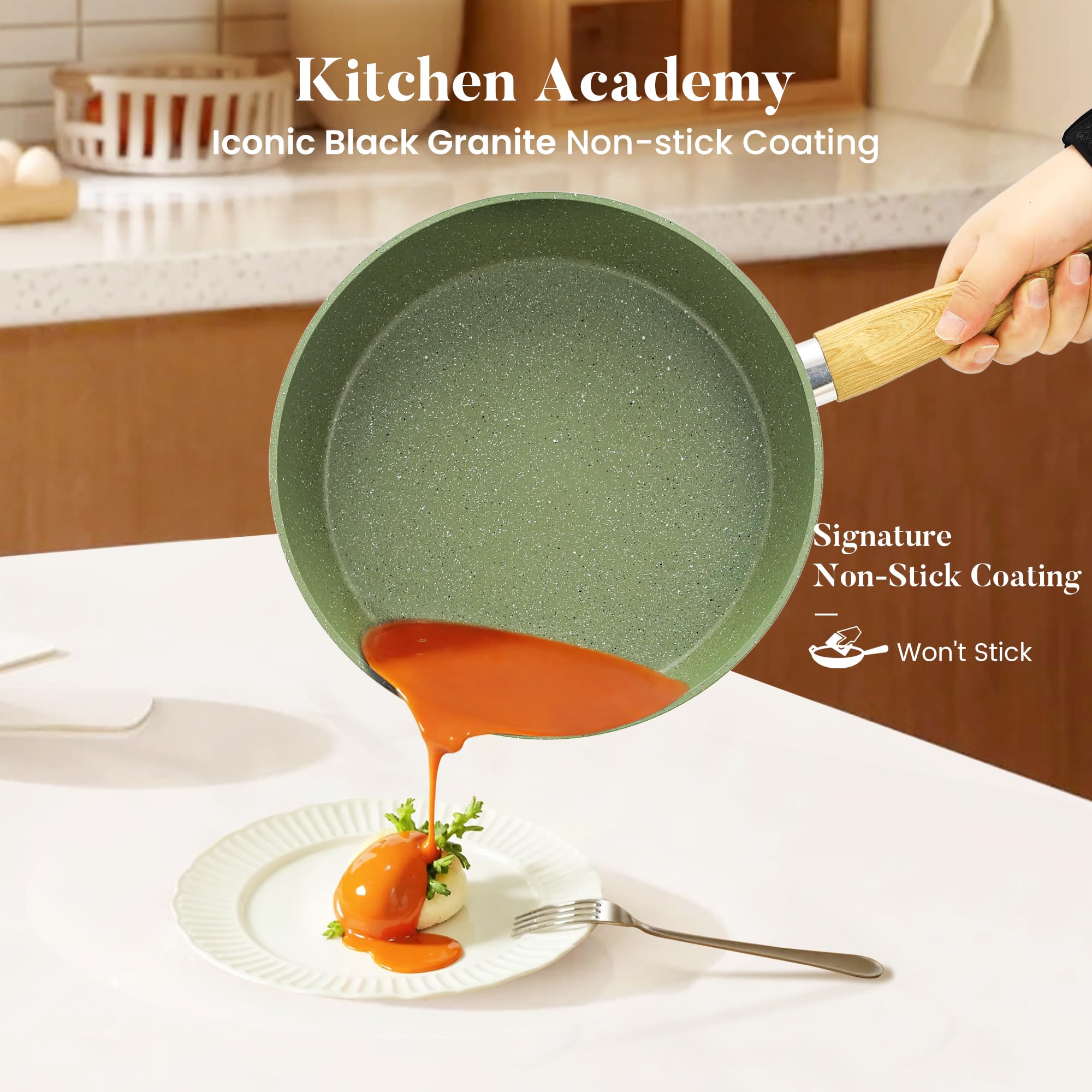 Kitchen Academy green fry pan close-up showing nonstick granite texture for easy release