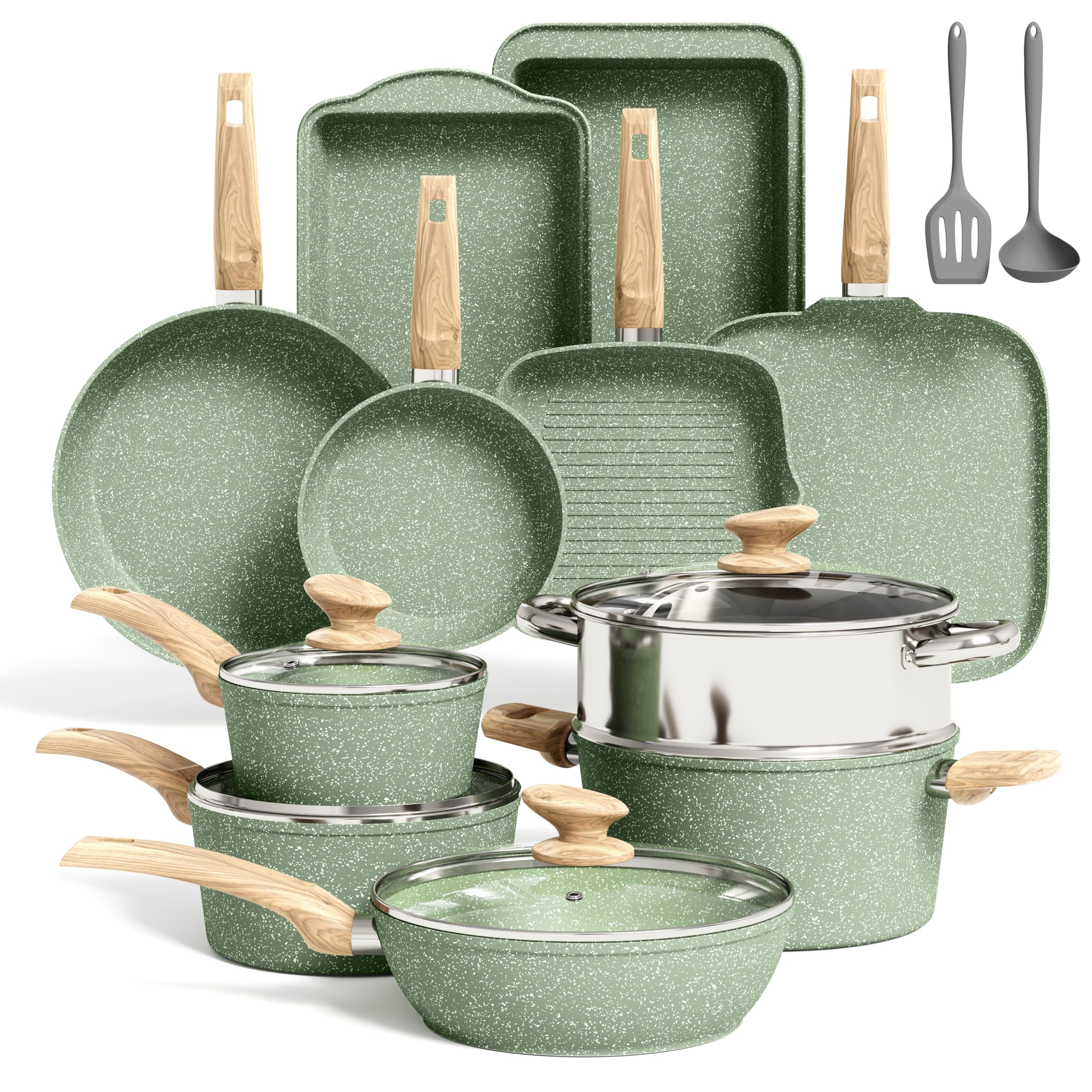 Kitchen Academy full 17-piece green set displayed for quick selection and storage benefit