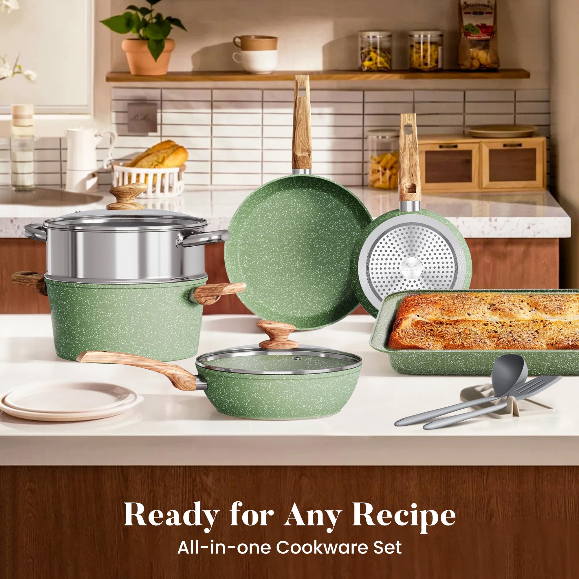 Kitchen Academy size comparison with utensils to illustrate pan dimensions and storage fit