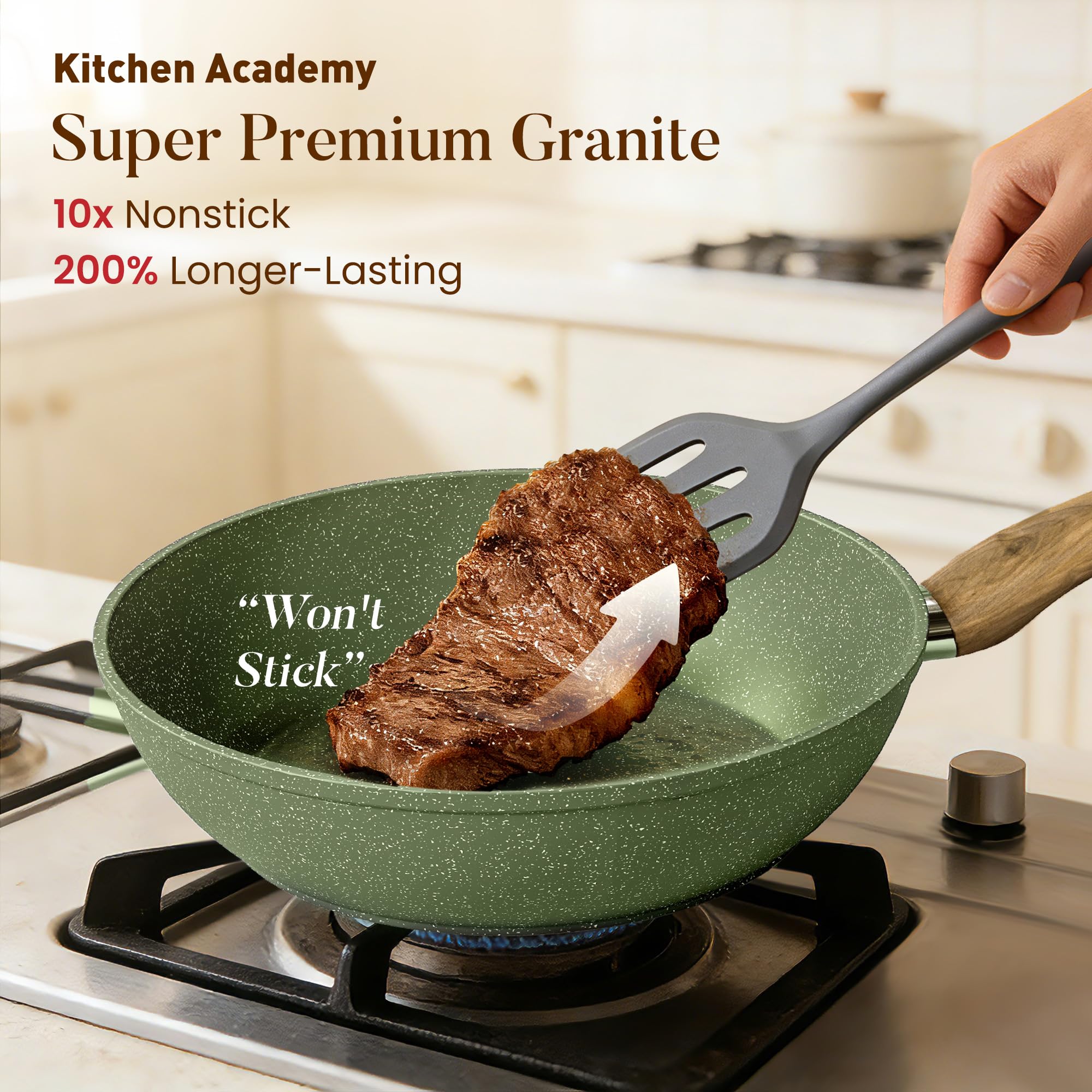 Kitchen Academy nonstick granite interior close-up for easy food release benefit