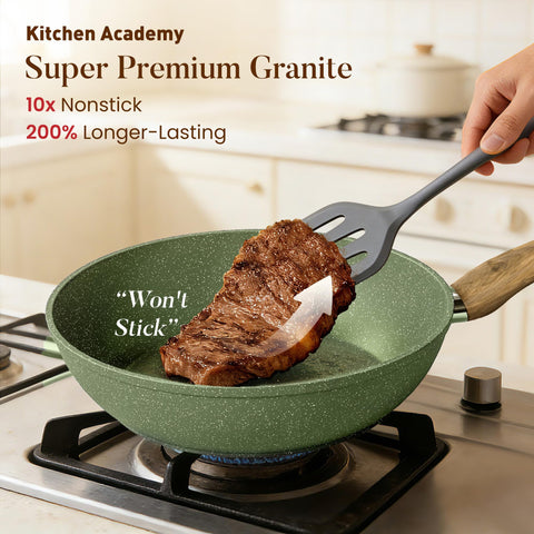 Kitchen Academy nonstick granite interior close-up for easy food release benefit