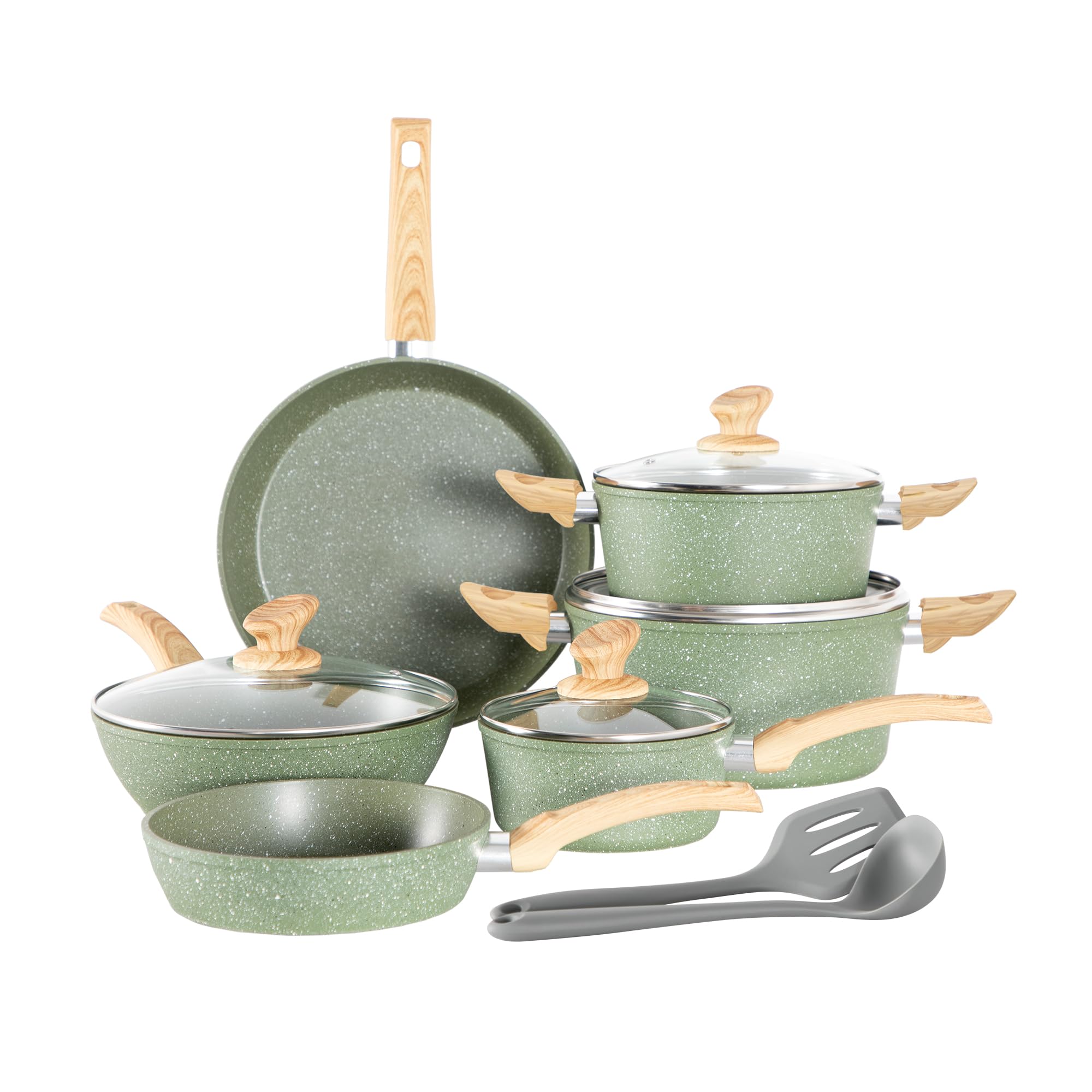 Kitchen Academy sage green cookware set front view showing full collection and style