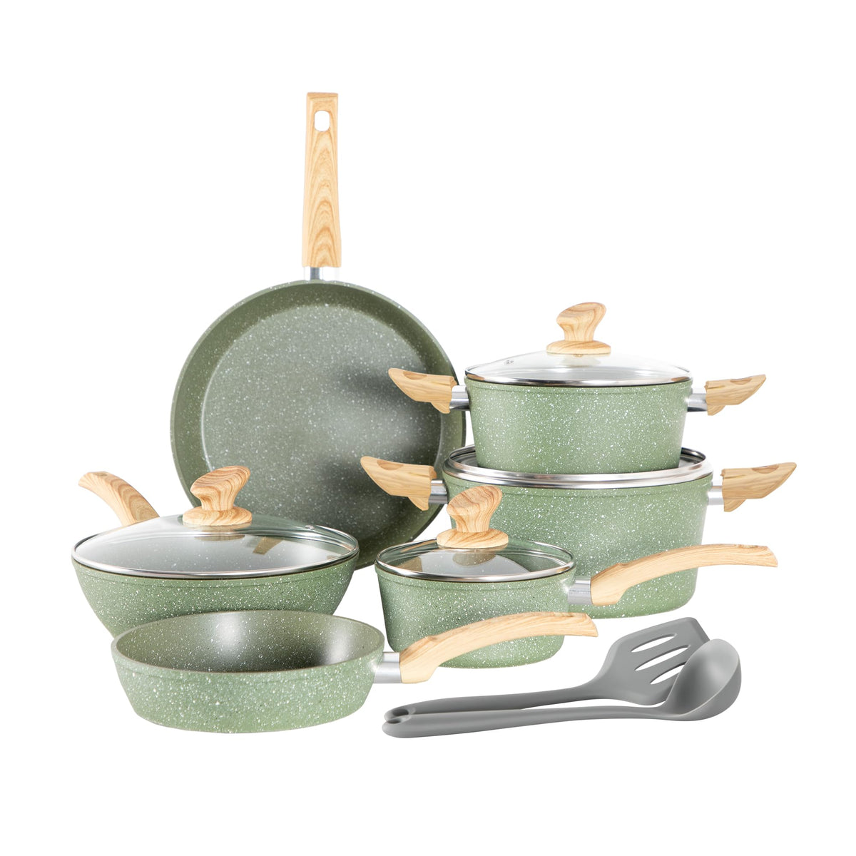 Kitchen Academy sage green cookware set front view showing full collection and style