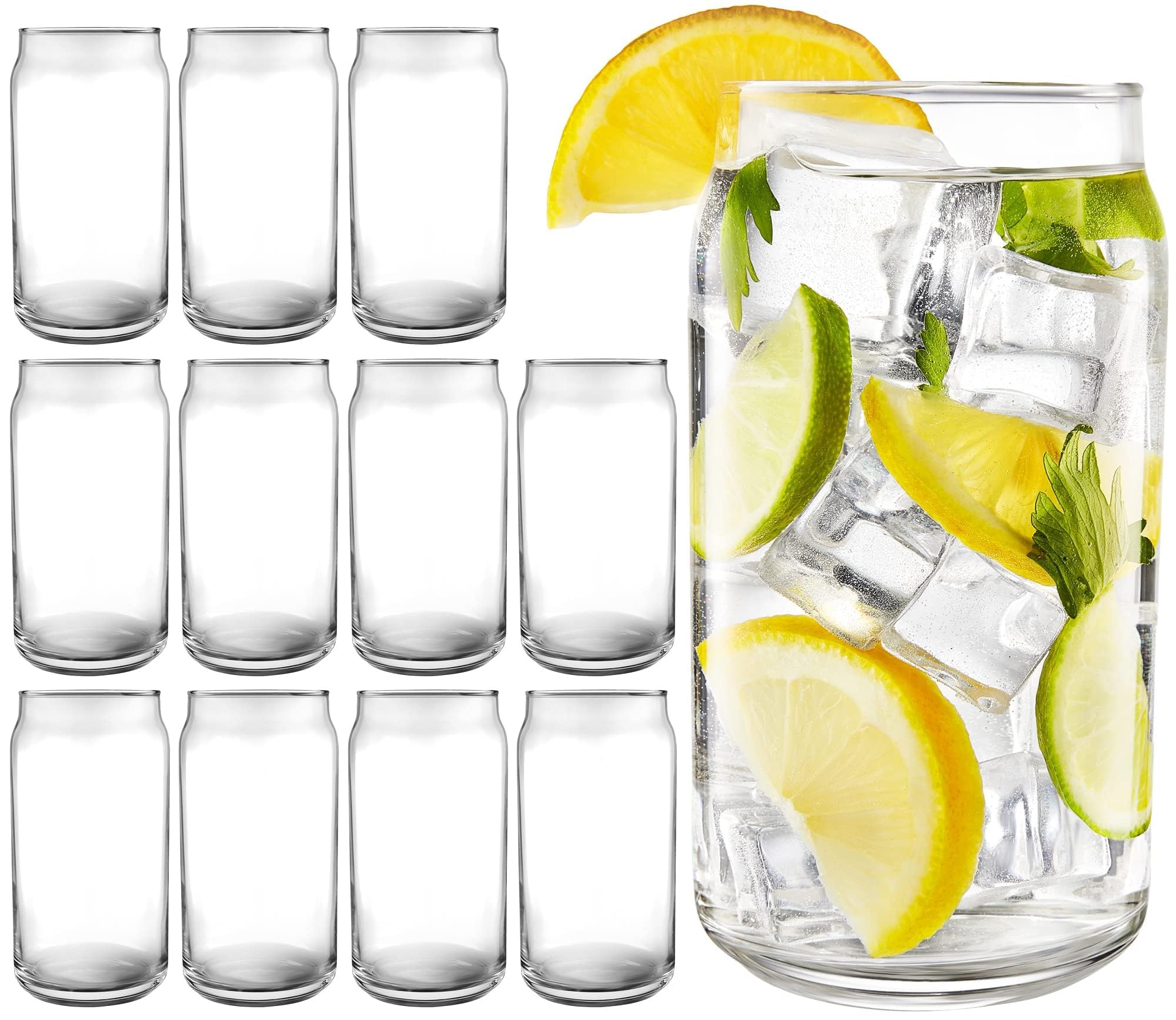 Kitchen Lux front view of 12 can-shaped glasses showing neat set and modern look