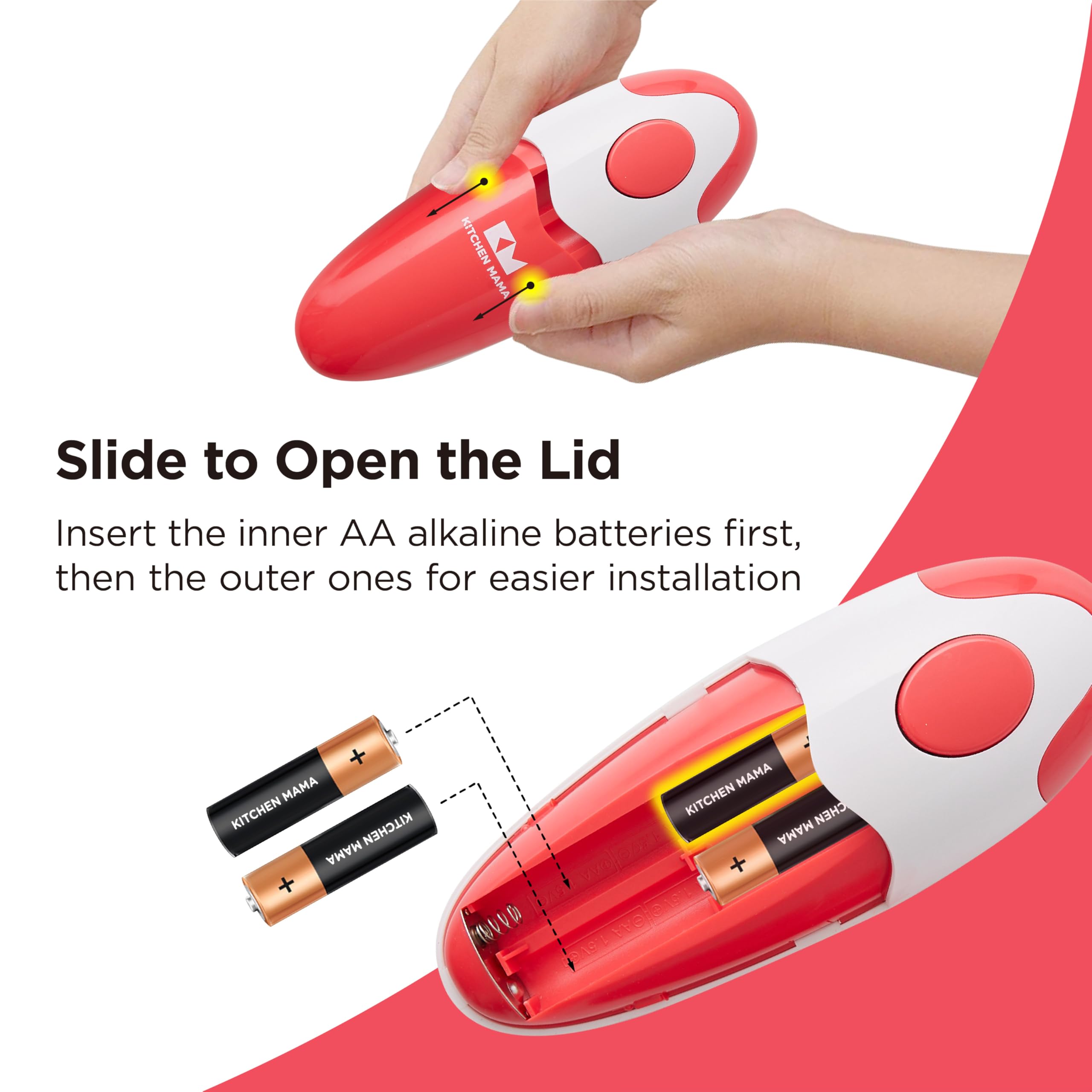 Kitchen Mama open battery compartment showing easy battery replacement benefit