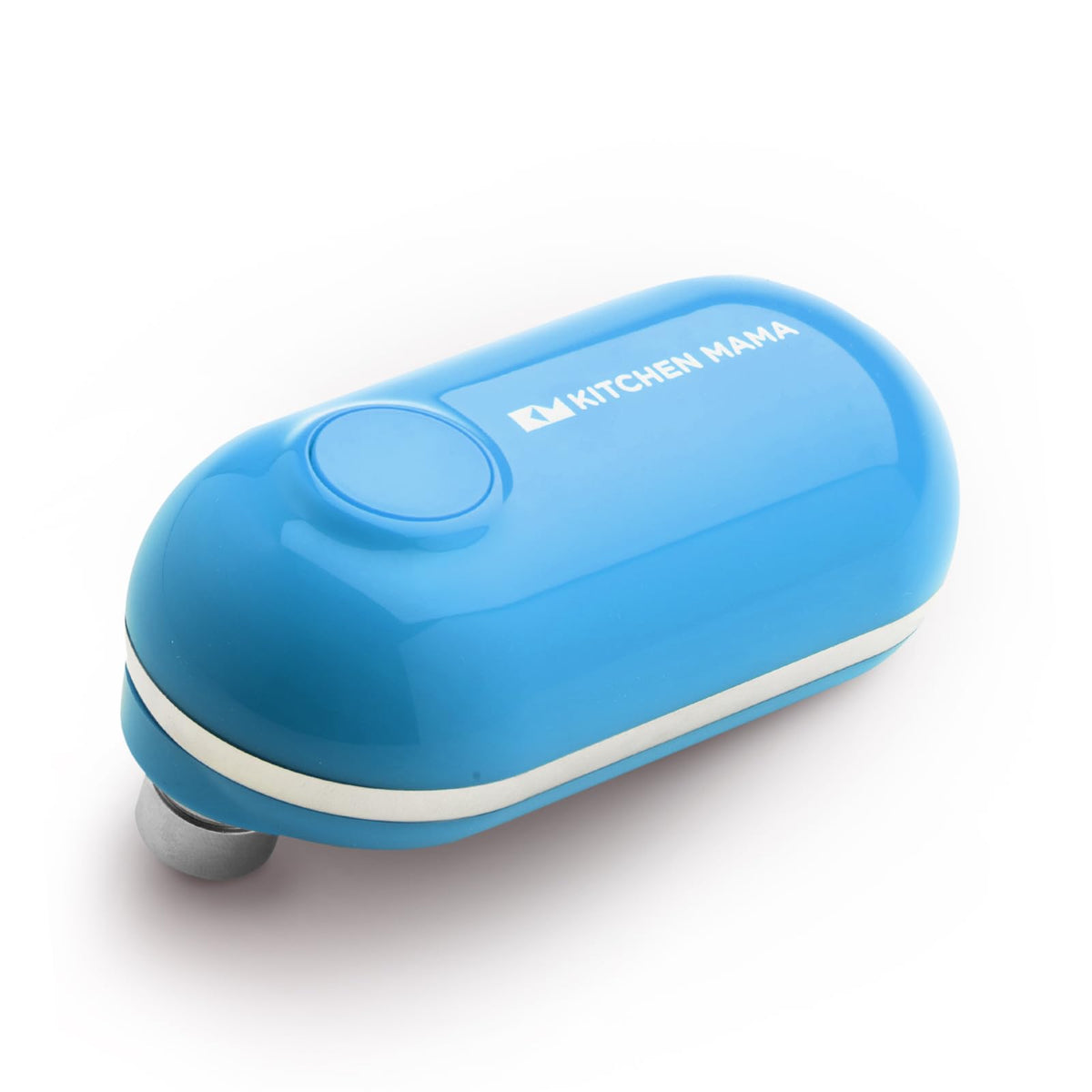 Kitchen Mama front view of blue mini electric can opener showing compact design and convenience