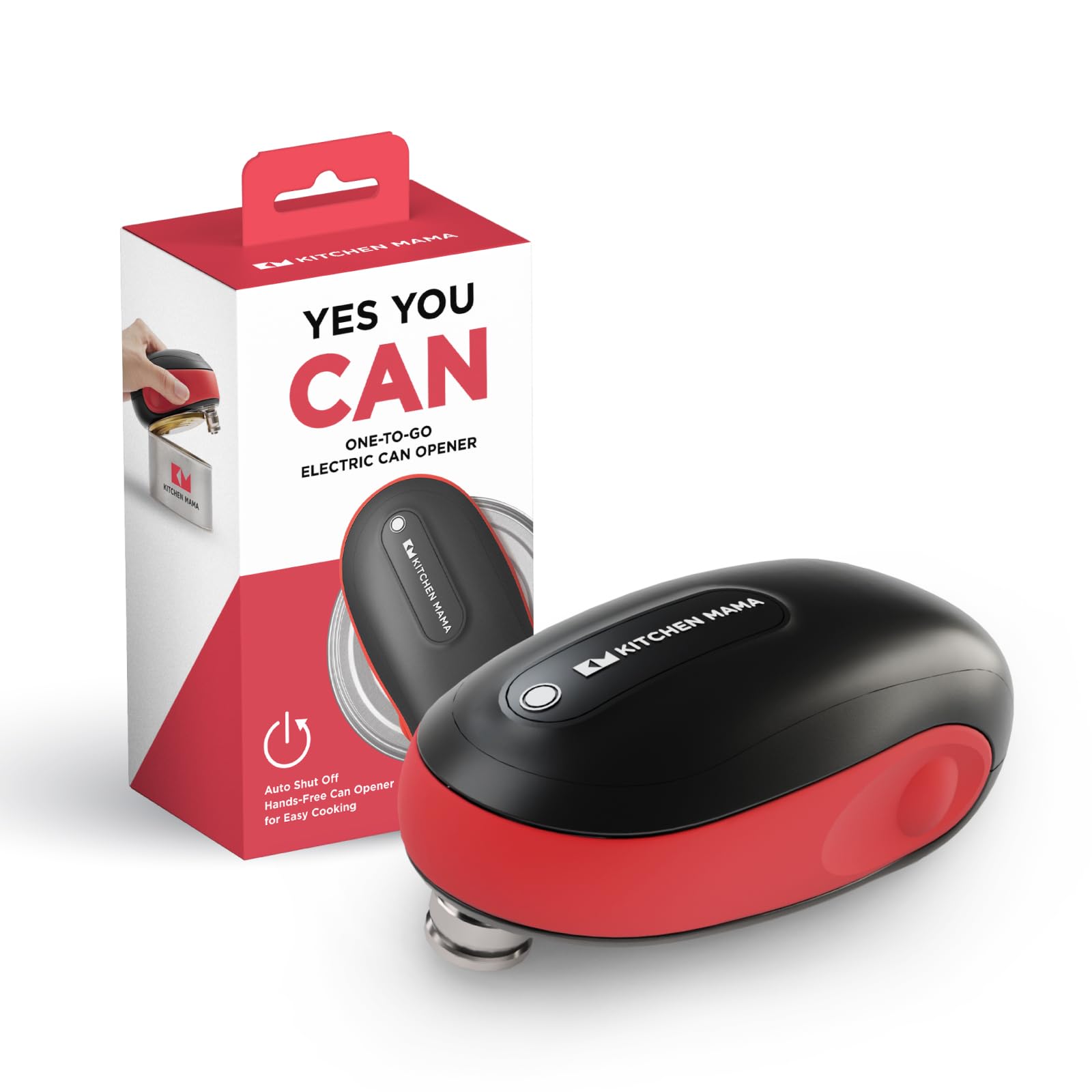 Kitchen Mama front view of red cordless can opener showing compact design and clear button