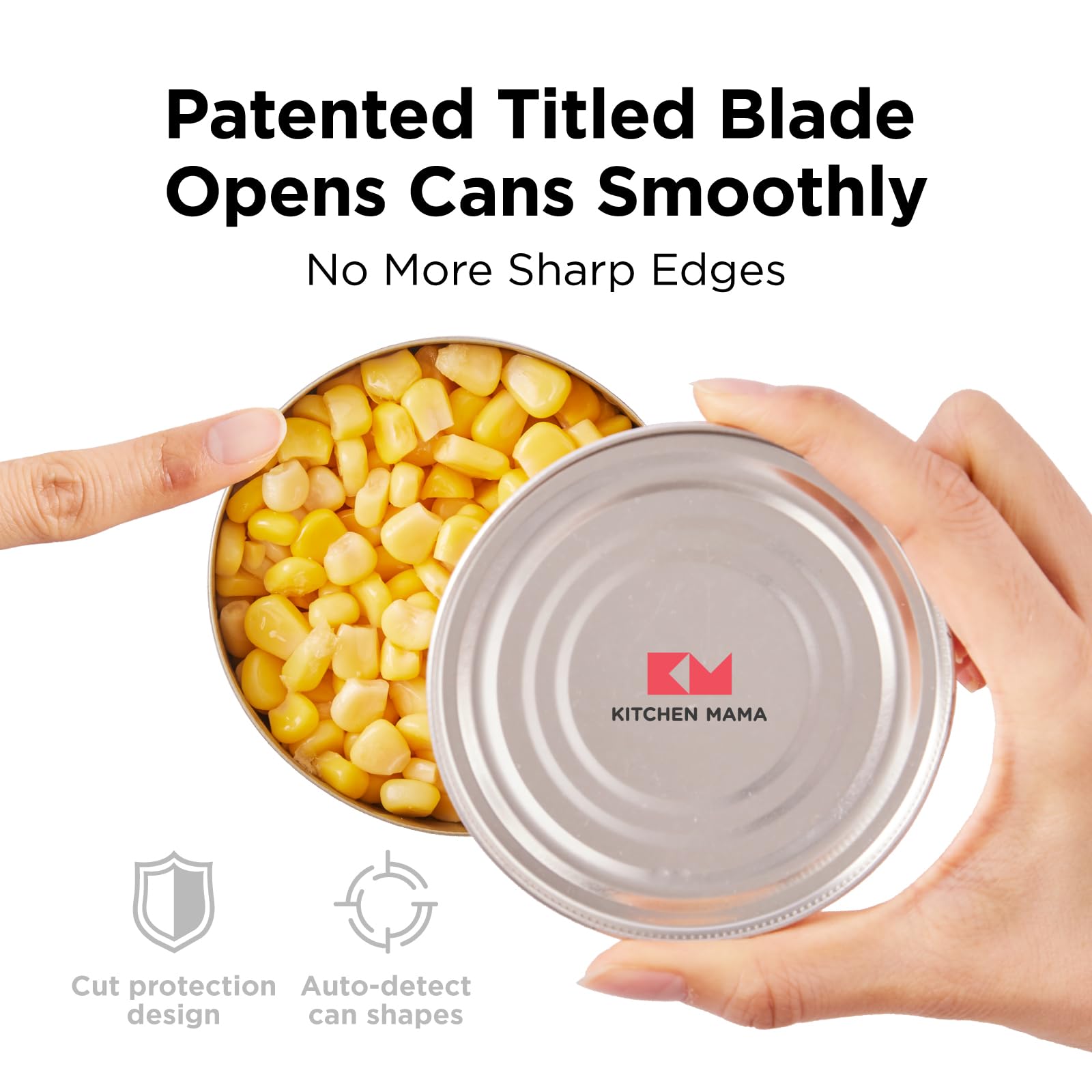 Kitchen Mama in use cutting a can lid hands-free to save effort and time