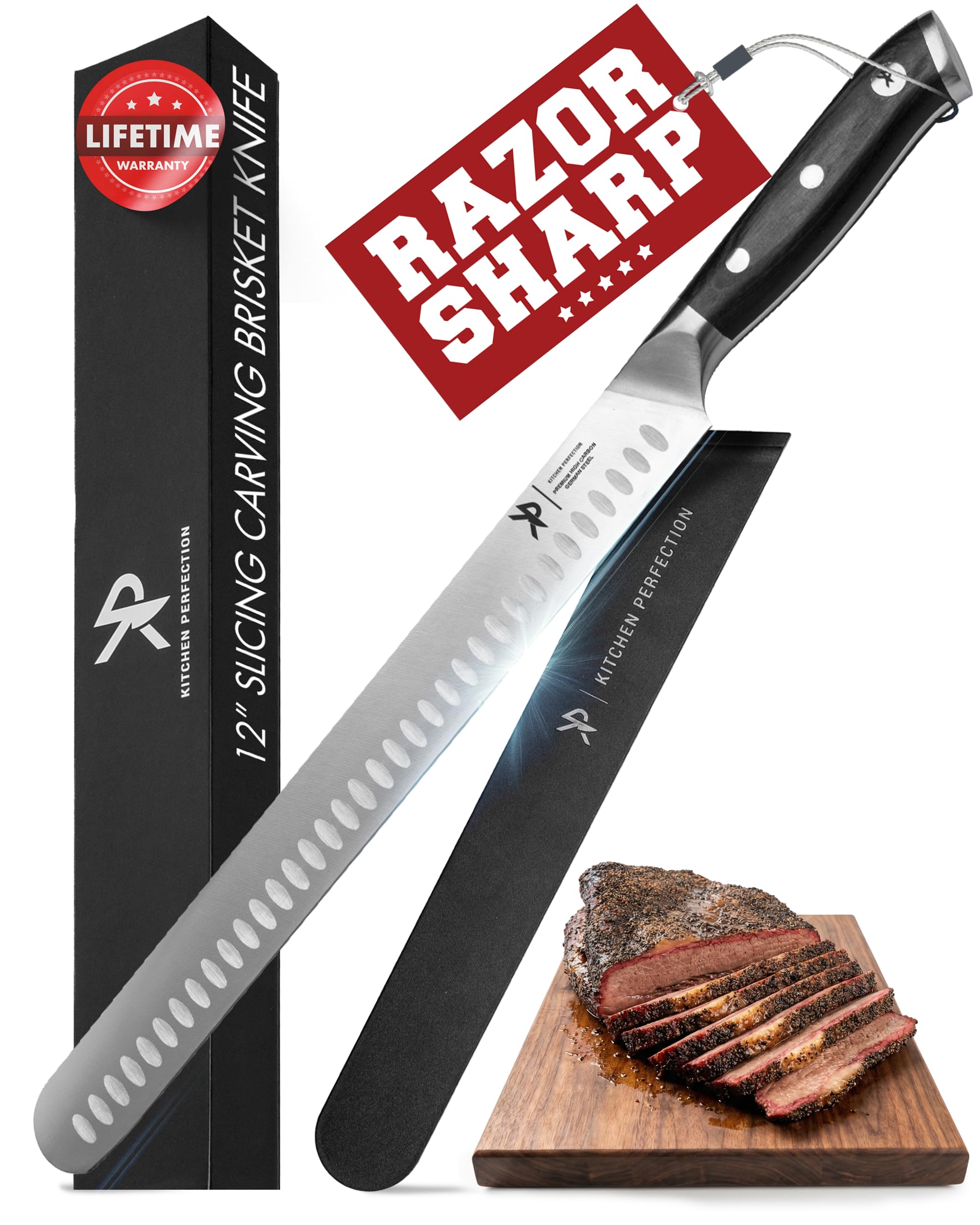 Kitchen Perfection brisket knife front view showing full blade and handle for precise carving