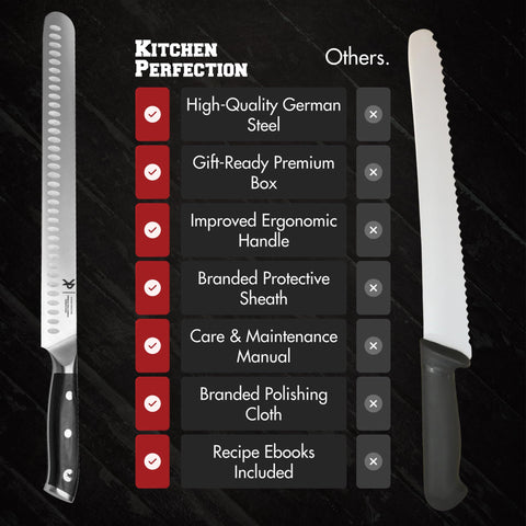 Kitchen Perfection knife next to ruler showing 12-inch blade for long uninterrupted cuts