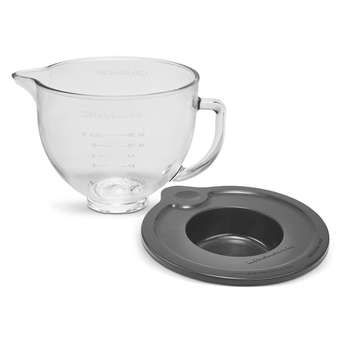 KitchenAid front view of 5-quart glass bowl showing capacity and dishwasher safety