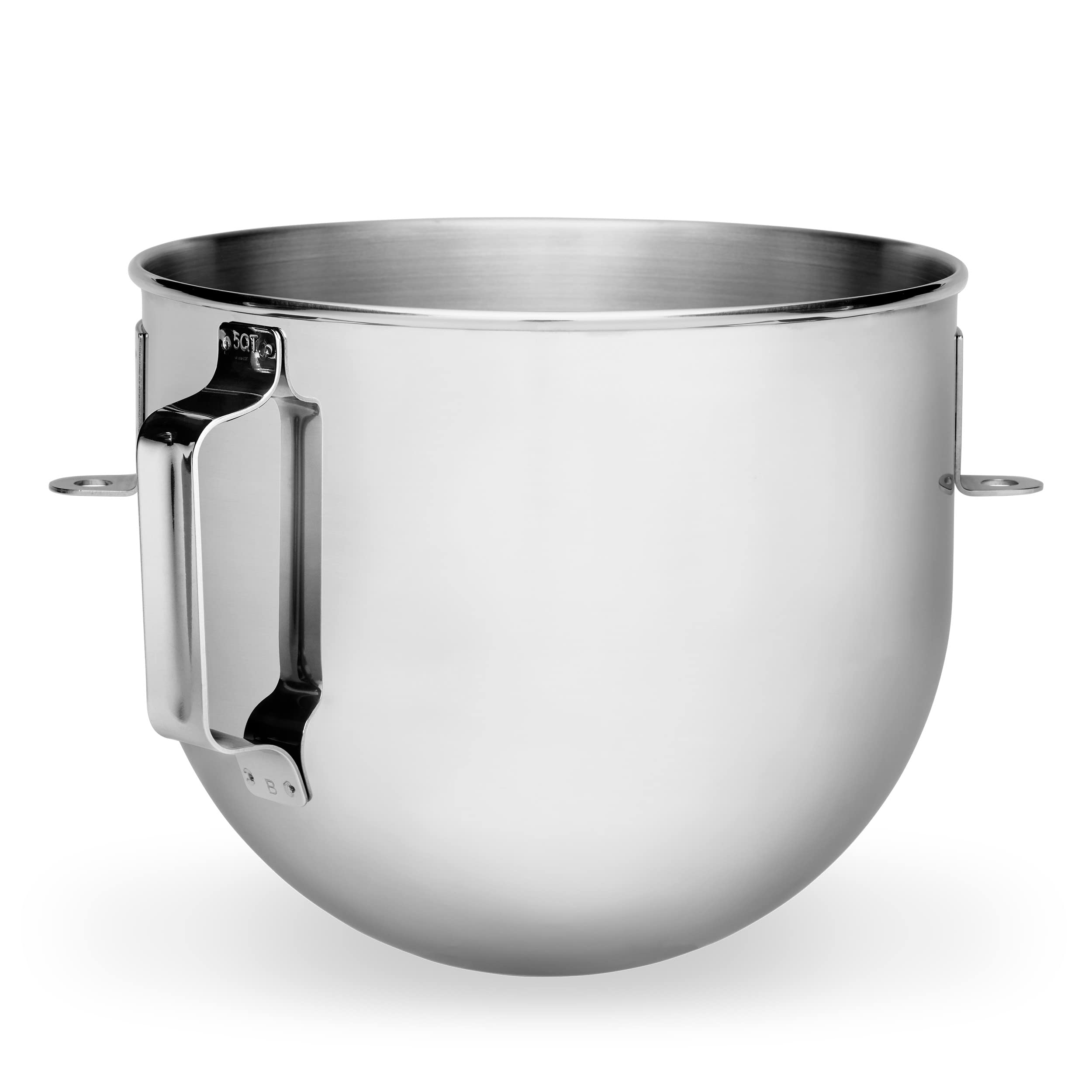 KitchenAid 5-quart stainless bowl front view showing capacity and finish, easy cleanup benefit