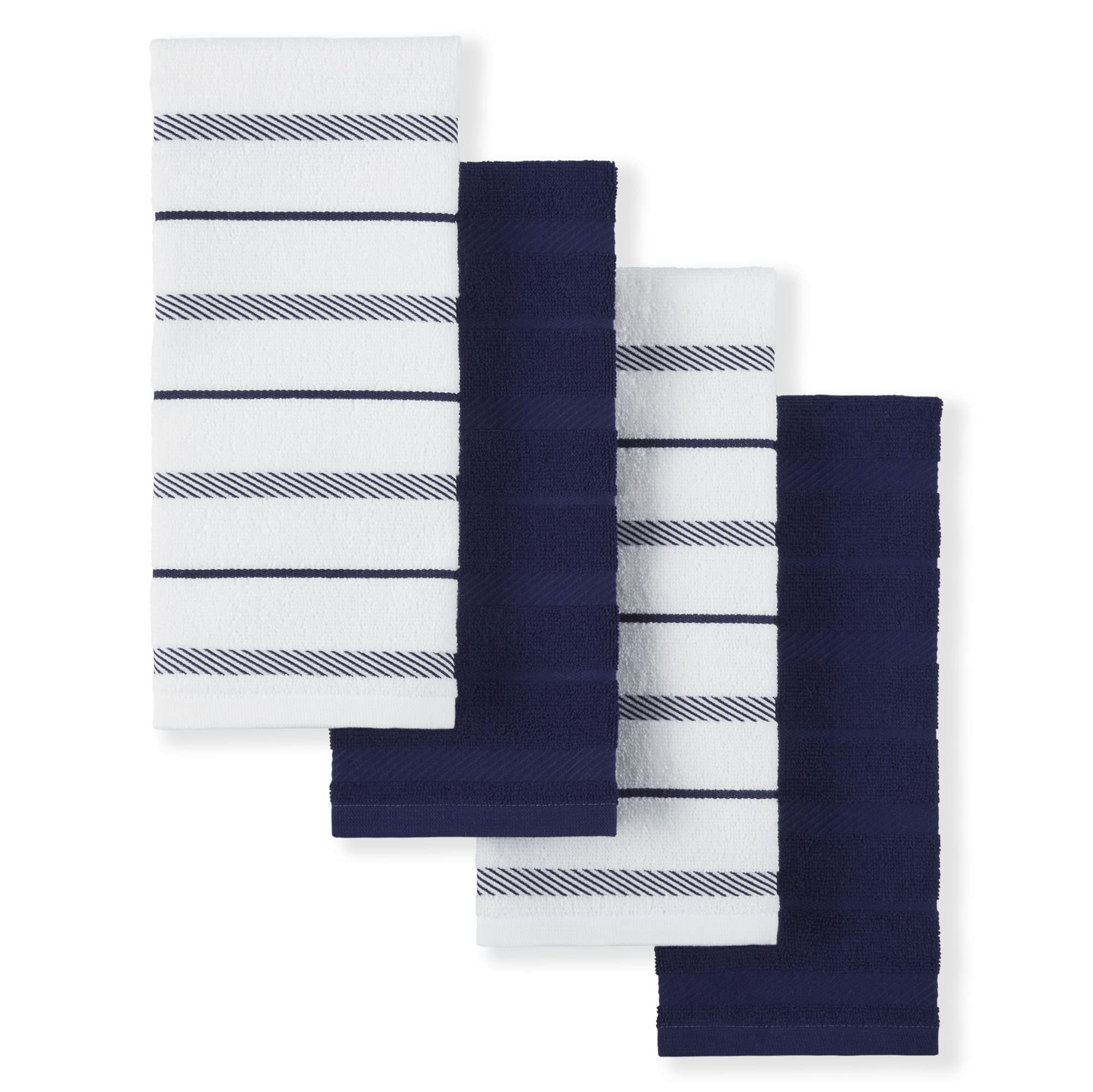KitchenAid front view of four cobalt blue and white towels showing set benefit of coordinated style