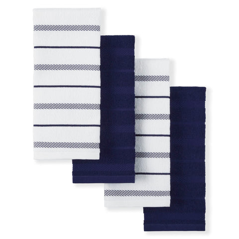KitchenAid front view of four cobalt blue and white towels showing set benefit of coordinated style