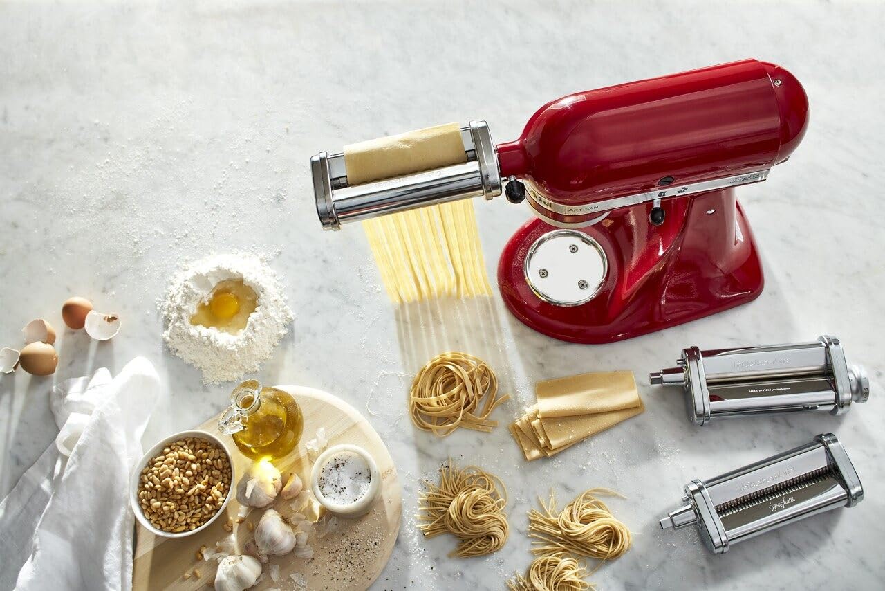 KitchenAid attachments mounted on stand mixer for powered pasta making