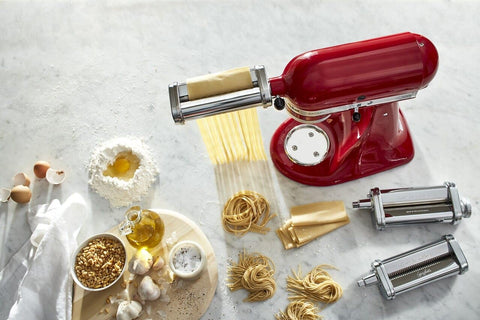 KitchenAid attachments mounted on stand mixer for powered pasta making