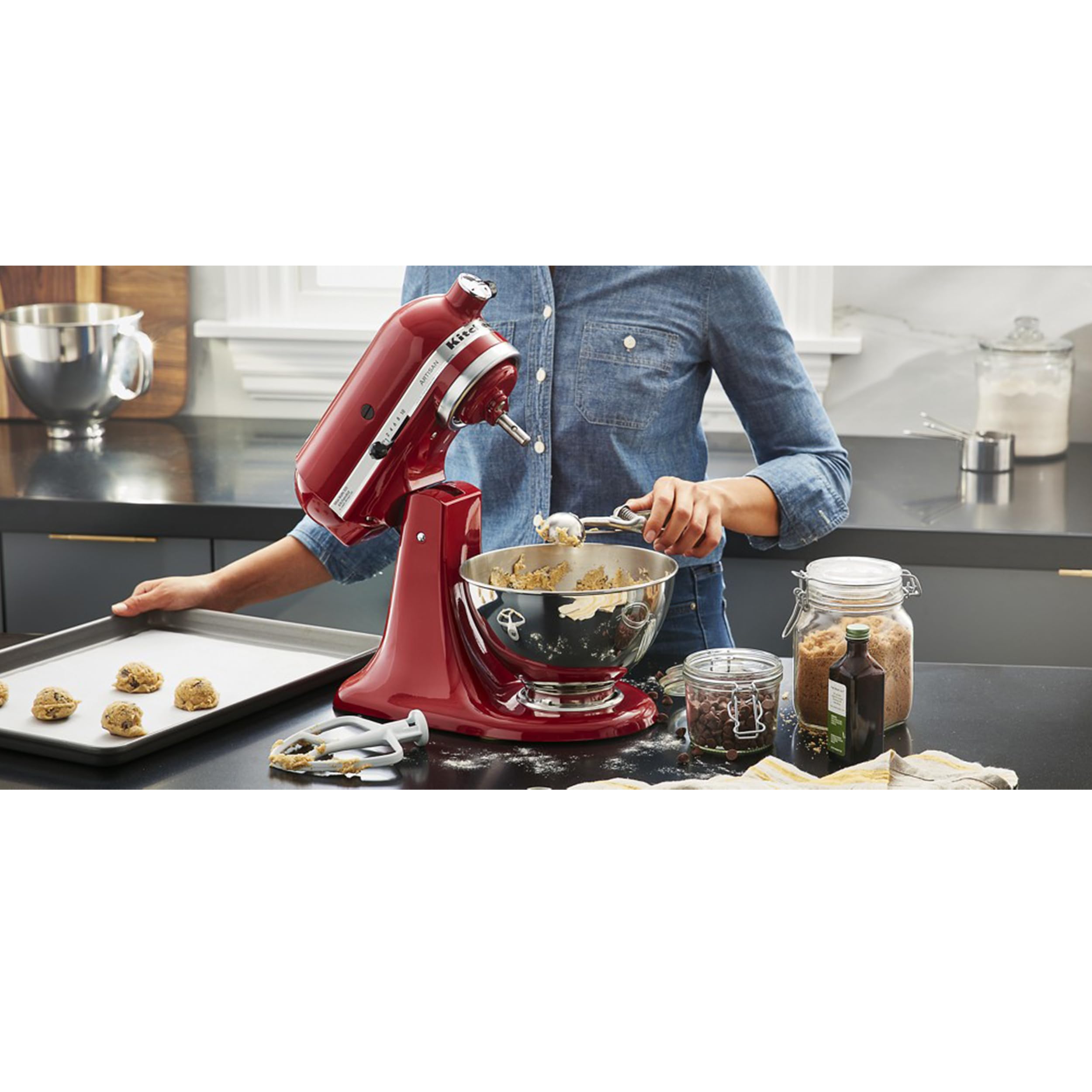 KitchenAid bowl installed in mixer with batter demonstrating faster prep