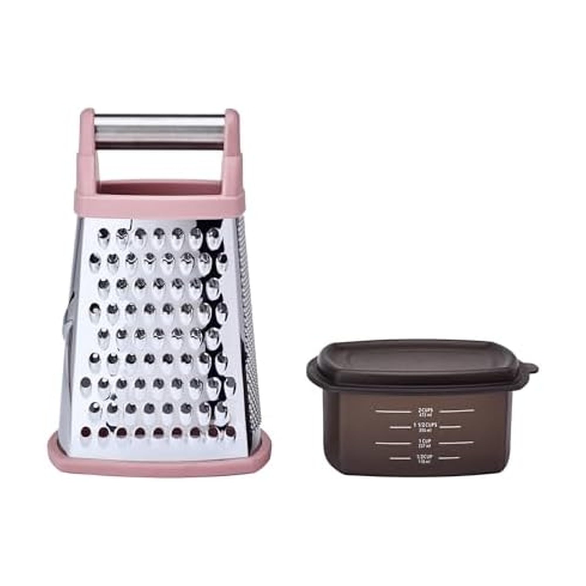 KitchenAid front view of dried rose box grater showing container and handle, tidy grating benefit