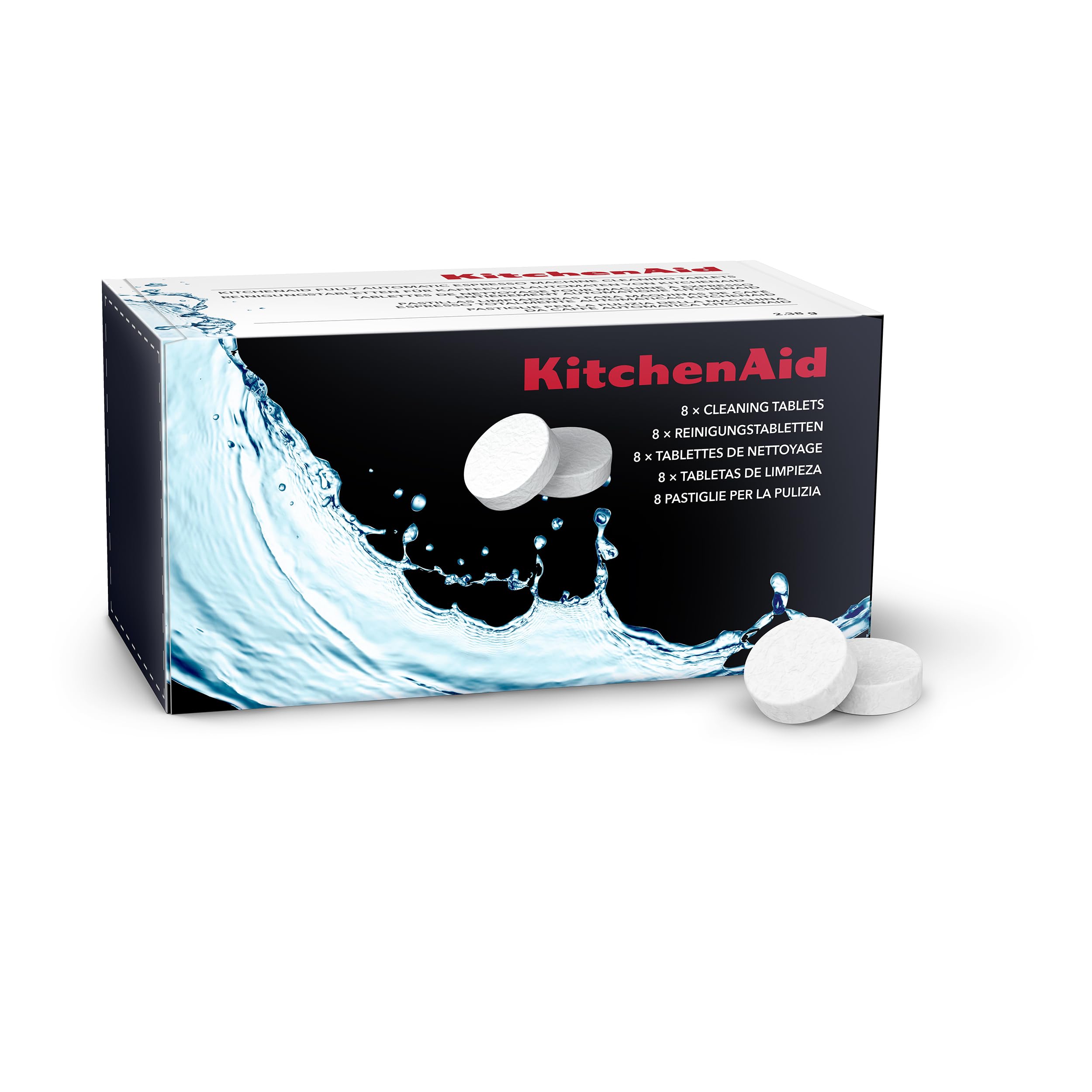 KitchenAid product pack front view showing eight cleaning tablets and clear labeling for compatibility
