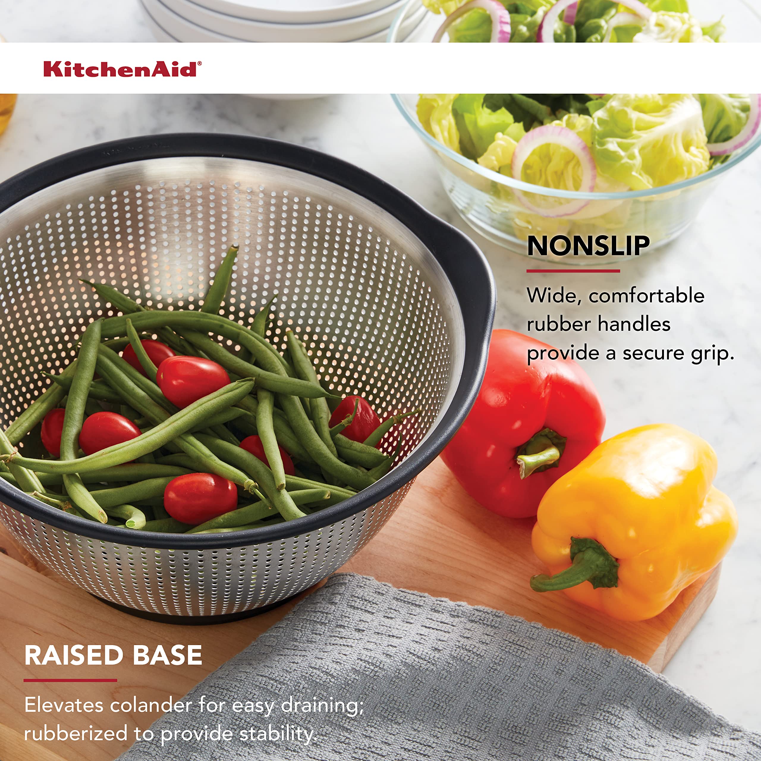 KitchenAid colander with mixed fruits showing 5-quart capacity benefit