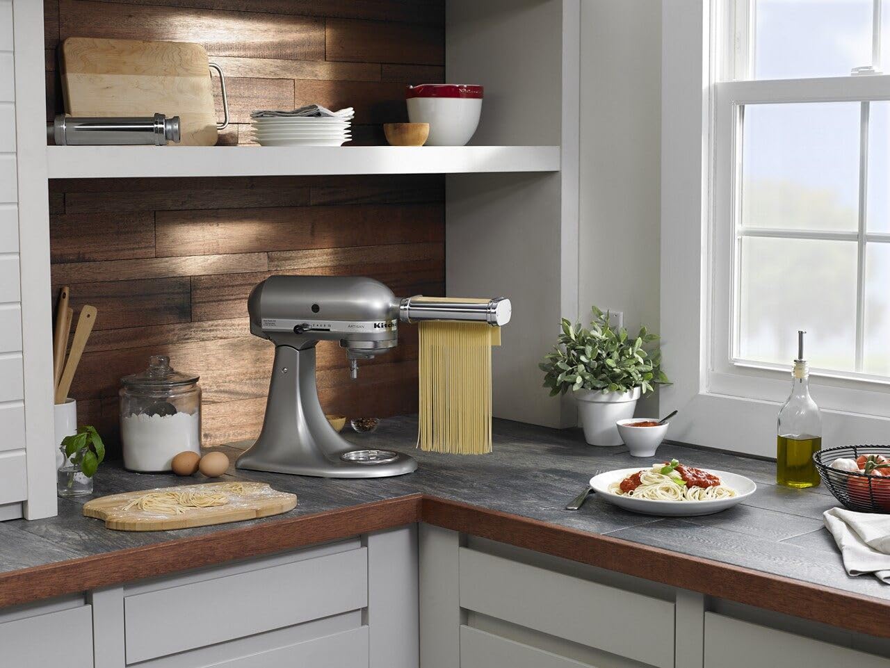 KitchenAid cut spaghetti being collected showing neat, tangle-free strands