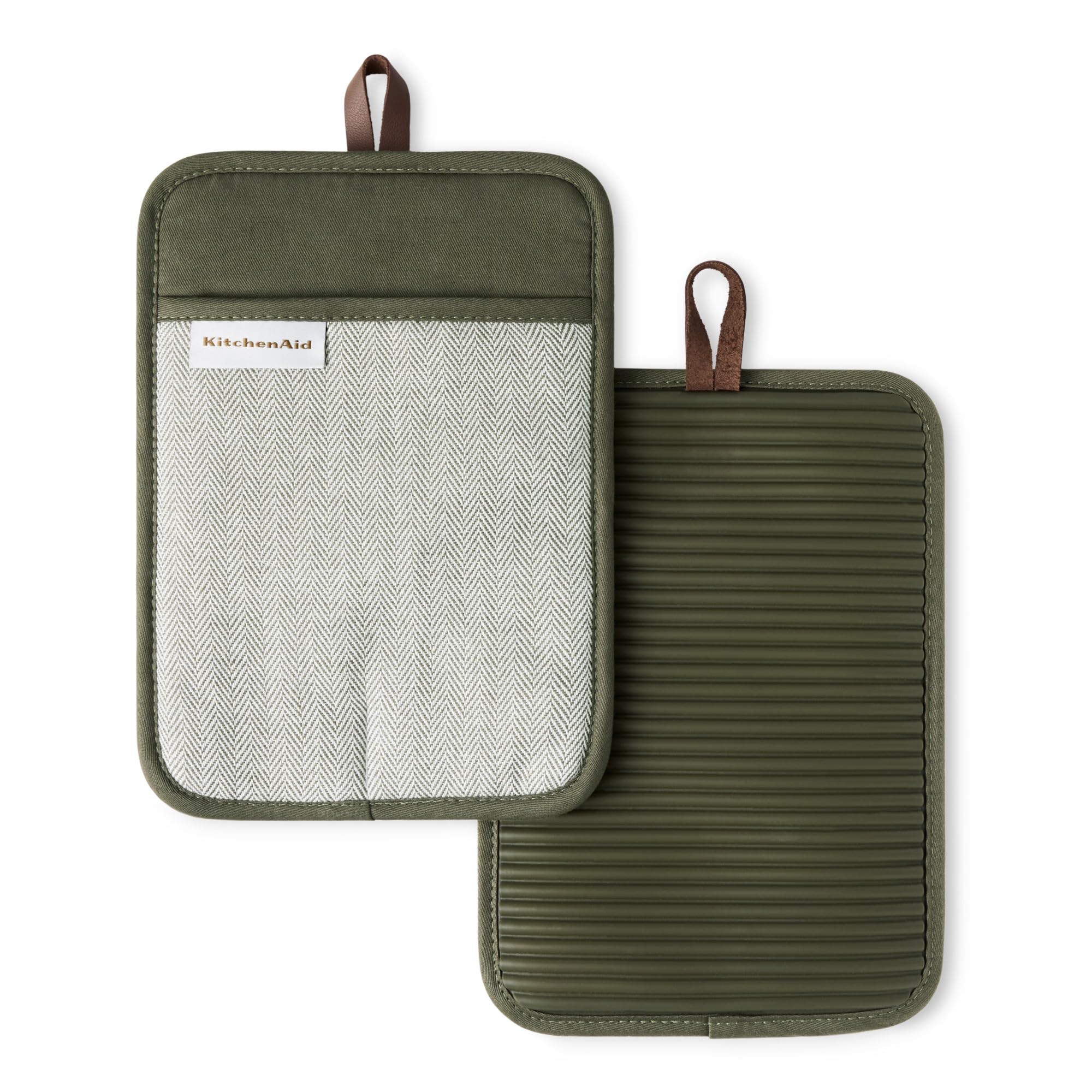 KitchenAid front view of pot holder two-pack showing deep forest green and vegan leather loops for easy storage